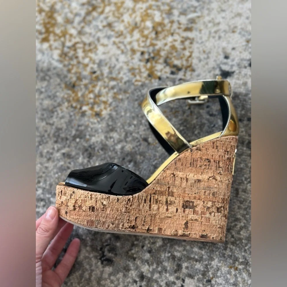 Giuseppe Zanotti Black/Gold Patent Leather Wedge Sandals Size‎ 36.5
